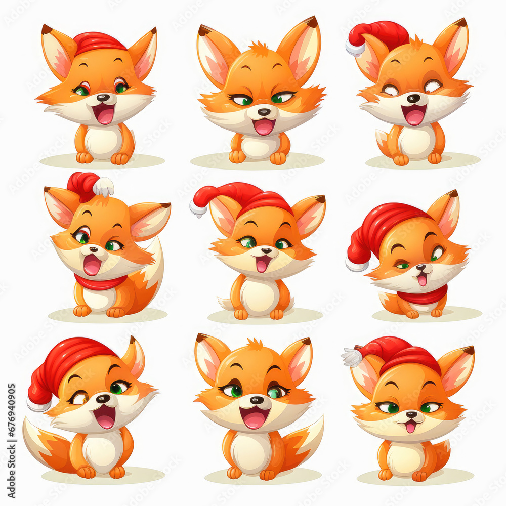 Fototapeta premium New Year emoticons funny foxes emoji. Cartoon style, New Year, Christmas.