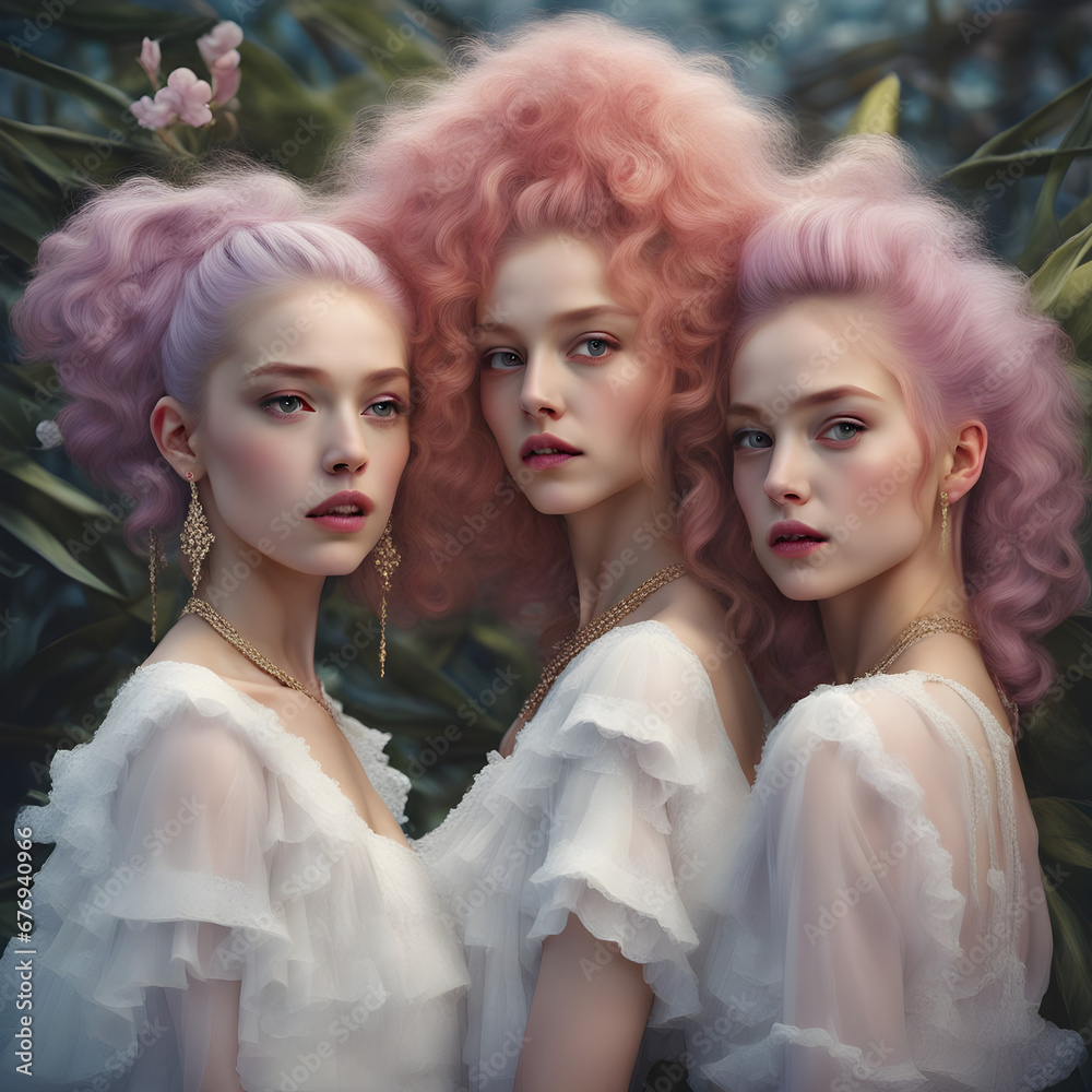 3 young female models with pink hair and airy outfit posing