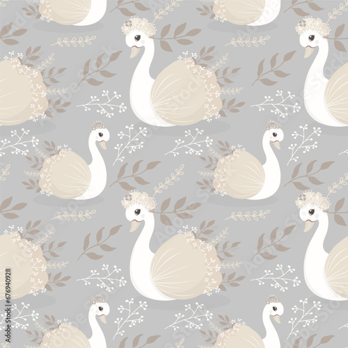 Cute Little Princess Swan family mother and daughter SEAMLESS PATTERN