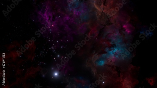 Purple dark galaxy nebulae and stars in space. Alien mystical shining nebula in shiny starry night. artistic concept 3D illustration backdrop for space exploration and science fiction.