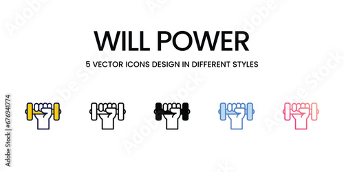 Will Power Icon Design in Five style with Editable Stroke. Line, Solid, Flat Line, Duo Tone Color, and Color Gradient Line. Suitable for Web Page, Mobile App, UI, UX and GUI design. © vector squad