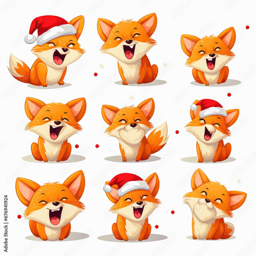 New Year emoticons funny foxes emoji. Cartoon style, New Year, Christmas.