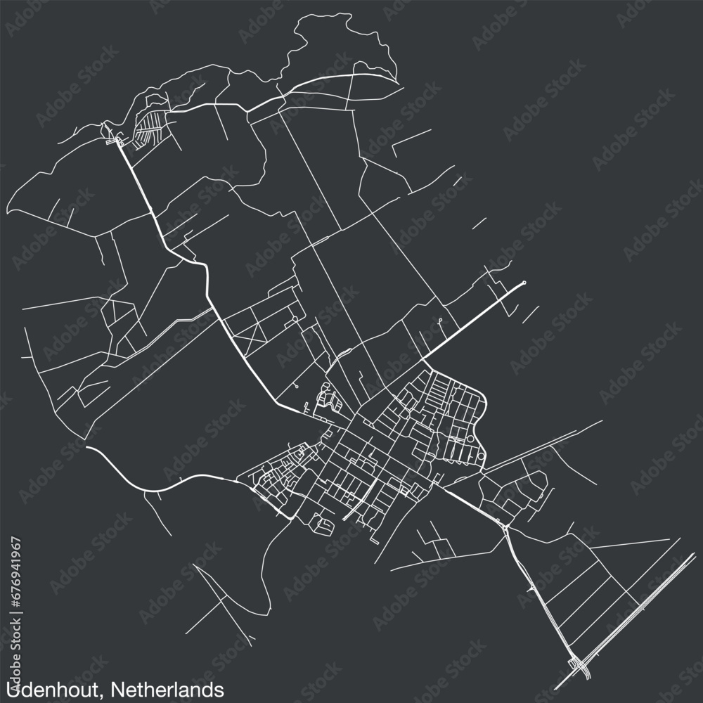 Detailed hand-drawn navigational urban street roads map of the Dutch city of UDENHOUT, NETHERLANDS with solid road lines and name tag on vintage background