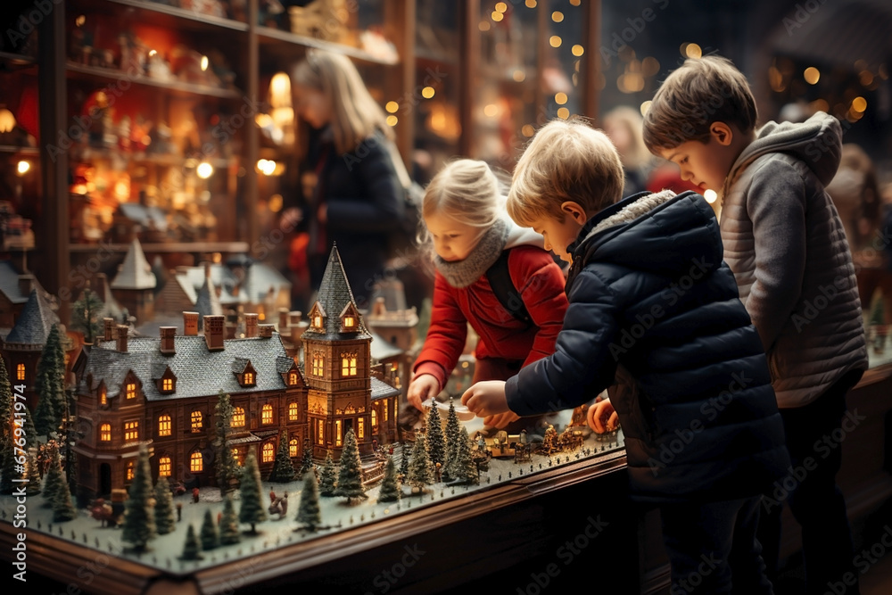 children playing in toy shop on christmas