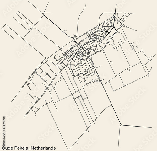 Detailed hand-drawn navigational urban street roads map of the Dutch city of OUDE PEKELA, NETHERLANDS with solid road lines and name tag on vintage background