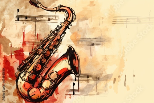 Musical style illustration  colorful saxophone  notes. Poster  music concert  festival  music store and musical instrument design.