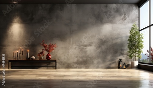 Spacious empty room interior with textured concrete wall high quality 3d render in 16k resolution