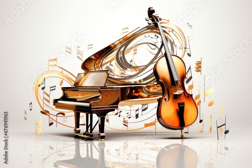 Music style illustration, colorful piano, cello. Poster, music concert, festival, music store and musical instrument design.