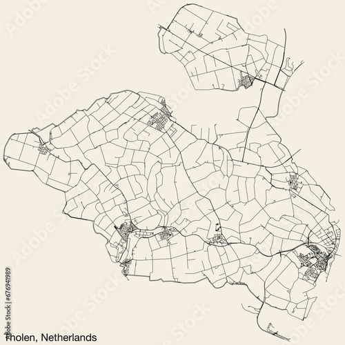 Detailed hand-drawn navigational urban street roads map of the Dutch city of THOLEN, NETHERLANDS with solid road lines and name tag on vintage background