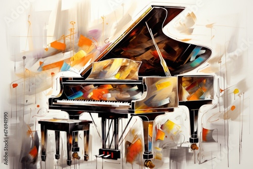 Music style illustration, colorful piano, cello. Poster, music concert, festival, music store and musical instrument design.
