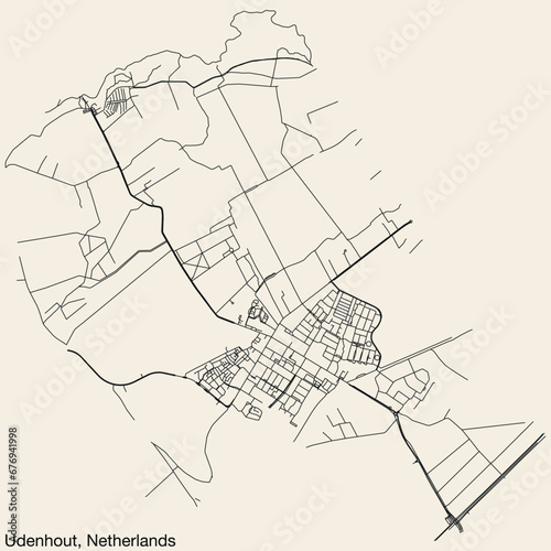 Detailed hand-drawn navigational urban street roads map of the Dutch city of UDENHOUT, NETHERLANDS with solid road lines and name tag on vintage background