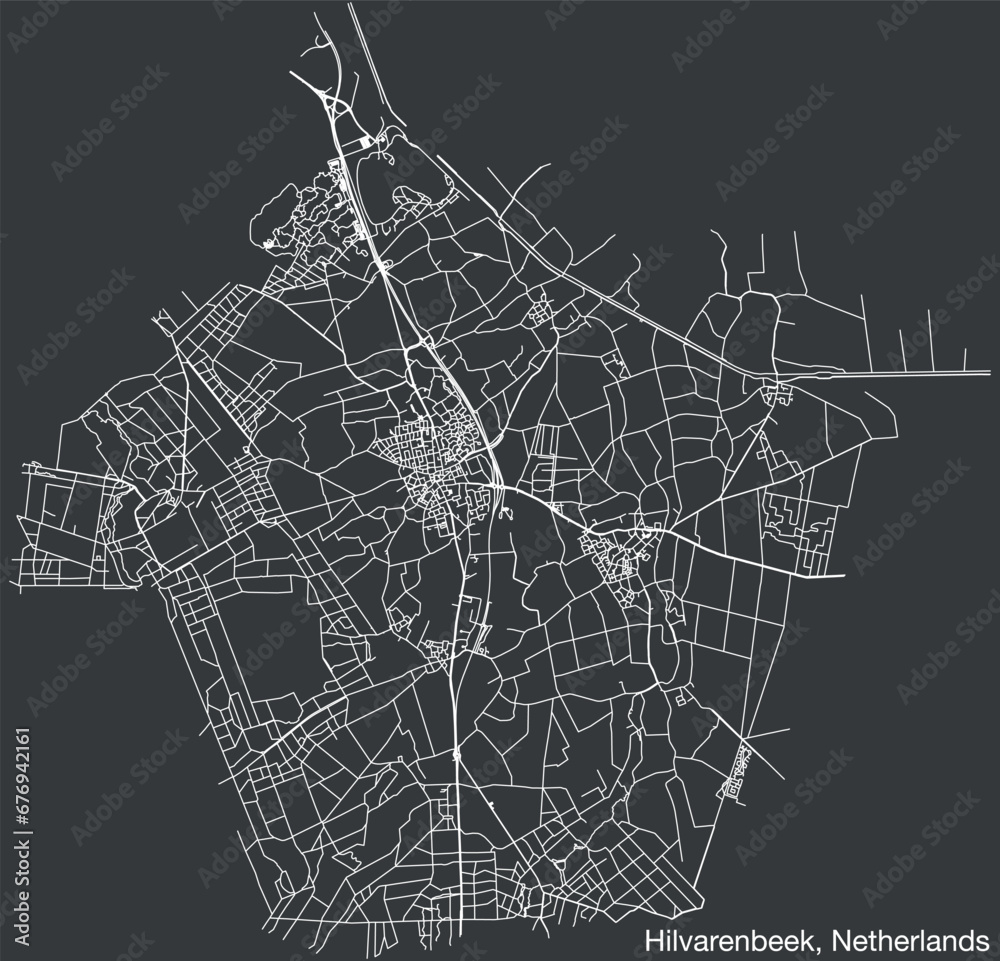 Detailed hand-drawn navigational urban street roads map of the Dutch city of HILVARENBEEK, NETHERLANDS with solid road lines and name tag on vintage background