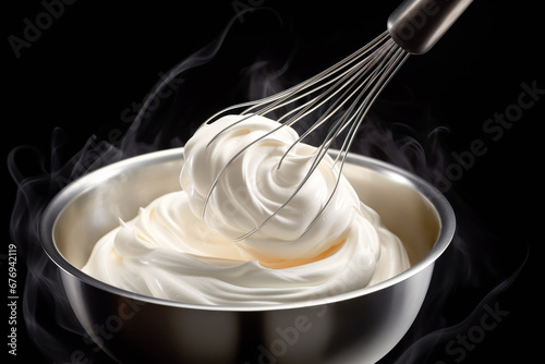 Metal bowl with whisk for preparation of whipped cream, homemade sour cream or hand cream. Pure creamy background photo