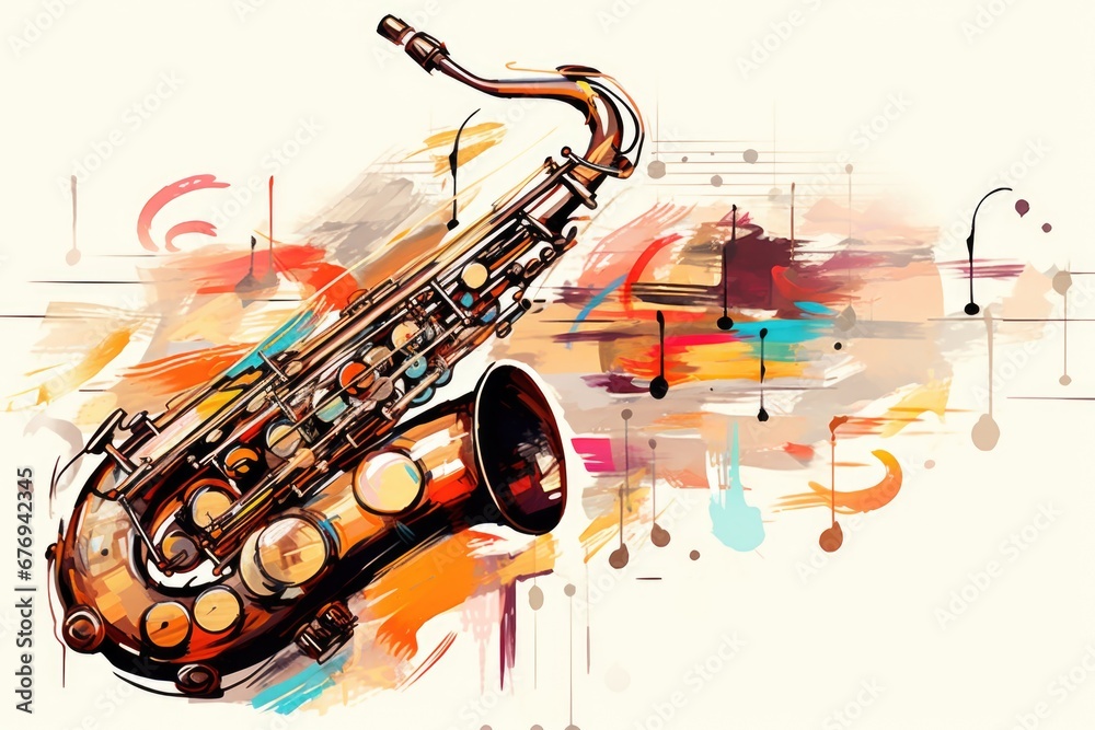 Obraz premium Musical style illustration, colorful saxophone, notes. Poster, music concert, festival, music store and musical instrument design.