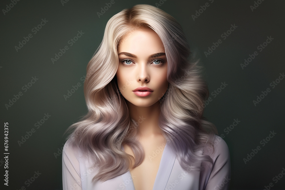 Fototapeta premium Studio portrait of a young white model with blonde-toned lilac hair, expressive blue eyes, gorgeous skin, soft lips, and a lilac blouse, posing on a muted green background, looking at the camera.