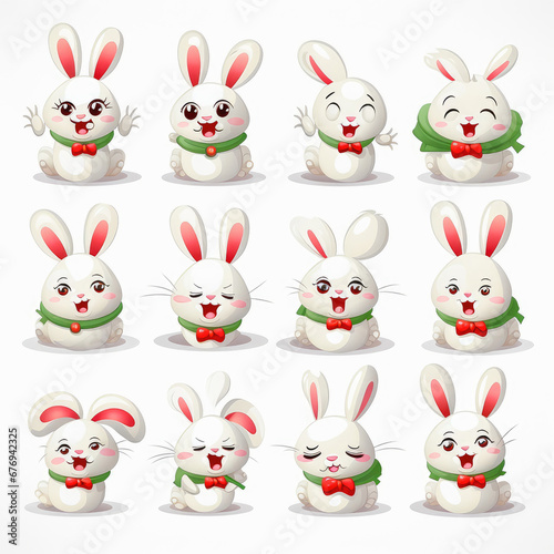 New Year emoticons funny bunnies, emoji. Cartoon style, New Year, Christmas.