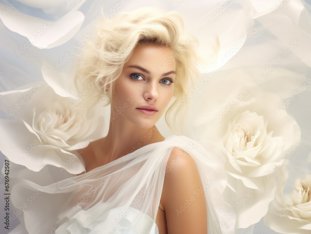 Woman in a beautiful white dress. Model of a bride in a wedding dress flying in the wind. Wedding fashionable clothes, beautiful hairstyle and makeup Woman in a beautiful white dress. Model of a bride in a wedding dress flying in the wind. Wedding fashionable clothes, beautiful hairstyle and makeup