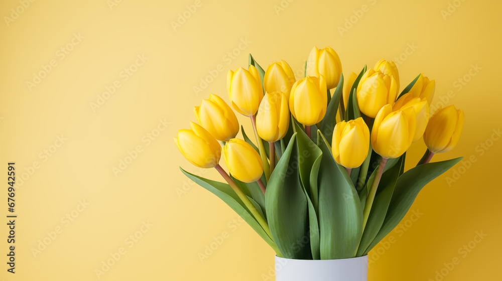 Bouquet of yellow tulips in a paper bag. Beautiful spring fresh flowers. Floral romantic mood. Springtime blossom, tulips bunch. Blossom petal. Floral background. Women’s happy holiday. Generated AI Bouquet of yellow tulips in a paper bag. Beautiful spring fresh flowers. Floral romantic mood. Springtime blossom, tulips bunch. Blossom petal. Floral background. Women’s happy holiday. Generated AI