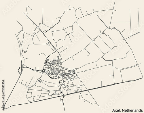 Detailed hand-drawn navigational urban street roads map of the Dutch city of AXEL, NETHERLANDS with solid road lines and name tag on vintage background