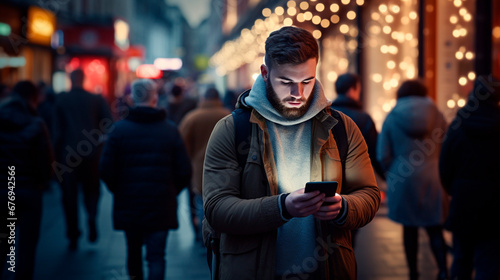 Young man looks at his phone while walking down the street among other people