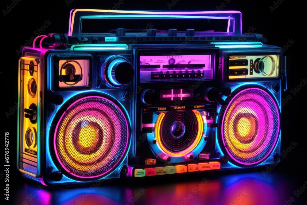 Fototapeta premium Classic boombox with a modern twist, glowing with an array of neon colors against a stark black background