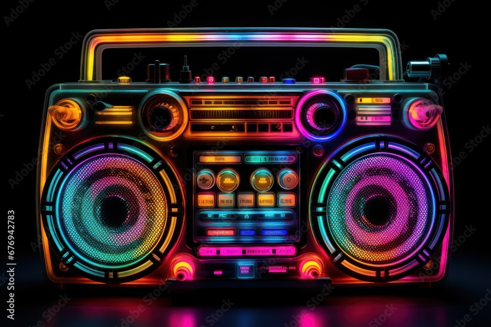 A digital illustration of a boombox glow with vibrant neon lights against a dark background A digital illustration of a boombox glow with vibrant neon lights against a dark background