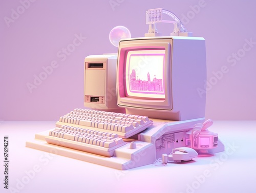 Colorful arrangement of a vintage computer system with miniature toy peripherals, styled in pastels