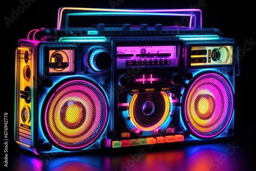 Classic boombox with a modern twist, glowing with an array of neon colors against a stark black background