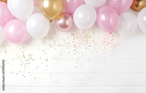 pastel white, beige, pink and golden balloon with glitter on white wooden floor for holiday birthday card decor soft light top view