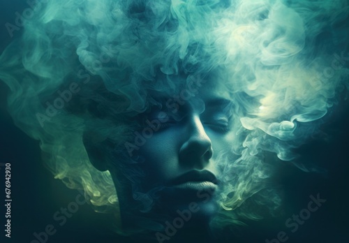 A surreal portrait of a human face enveloped in swirls of ethereal blue smoke, evoking mystery