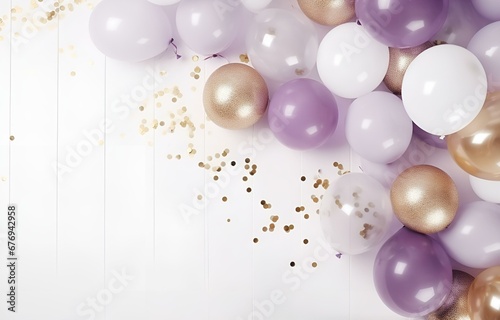 pastel white, beige, lilac and golden balloon with glitter on white wooden floor for holiday birthday card decor soft light top view