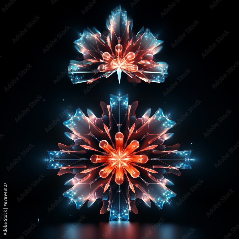 Close-up of transparent crystal snowflakes on a dark icy sparkling background. Christmas and New Year concept.