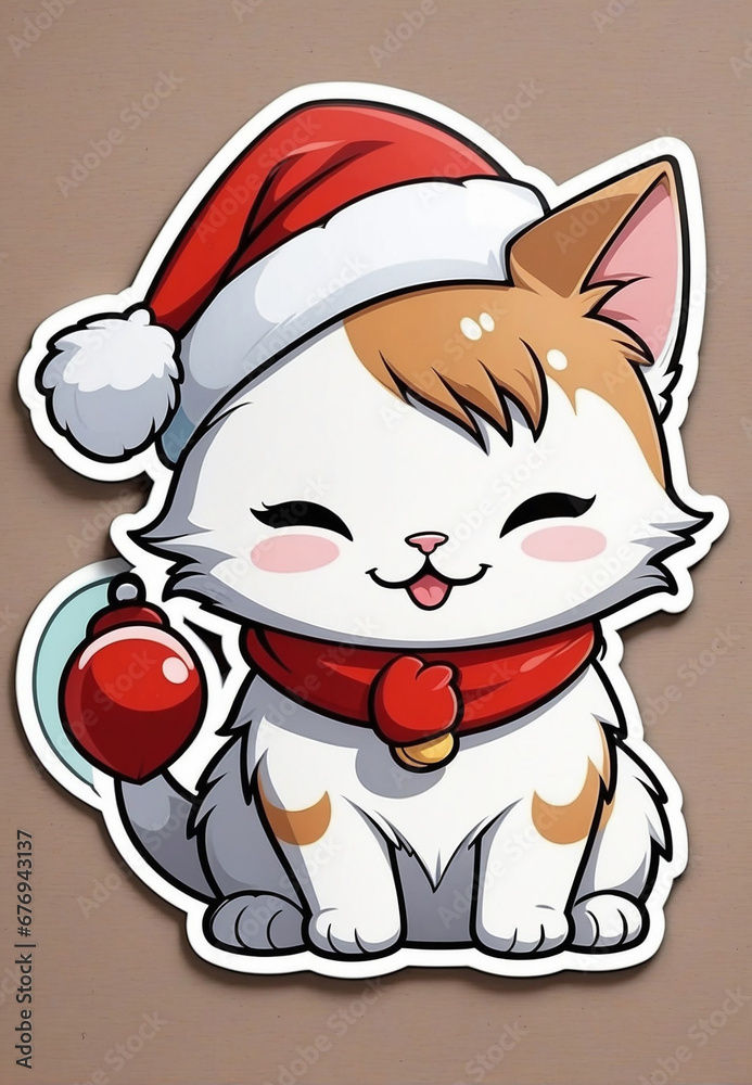 Christmas spirit, kitten with Santa Claus hat, sticker Christmas spirit, kitten with Santa Claus hat, sticker