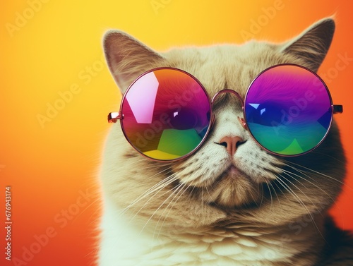 Stylish cat posing in sunglasses. Close portrait of furry kitty in fashion style. Illustration for cover, card, postcard, interior design, banner, poster, brochure or presentation.