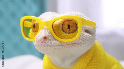 Funny lizard or gecko with sunglasses. Digital art. Figurine made of ceramics, plasticine, plastic or rubber. Illustration for cover, card, flyer, poster or print on t-shirt, bag, etc.