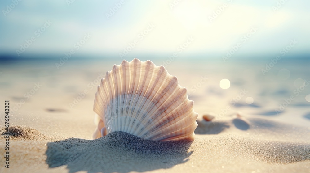 One seashell shell lies on the sandy shore of the sea or ocean at sunset of the day. Illustration for cover, card, postcard, interior design, banner, poster, brochure or presentation. One seashell shell lies on the sandy shore of the sea or ocean at sunset of the day. Illustration for cover, card, postcard, interior design, banner, poster, brochure or presentation.