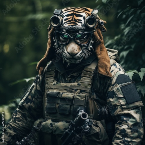A tiger sniper with detailed tactical gear and rifle in a jungle setting