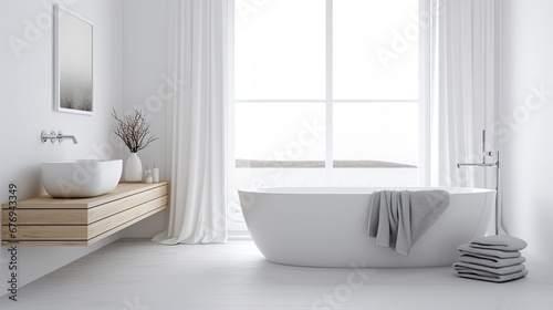 Modern design spacious bathroom with bathtub, wash basin, potted tree and towels. Interior decoration of the room with natural light from the window. Illustration for interior design or presentation.