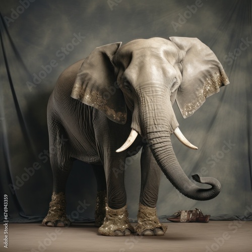A regal elephant with sparkling gold-decorated feet and ears poses against a studio backdrop