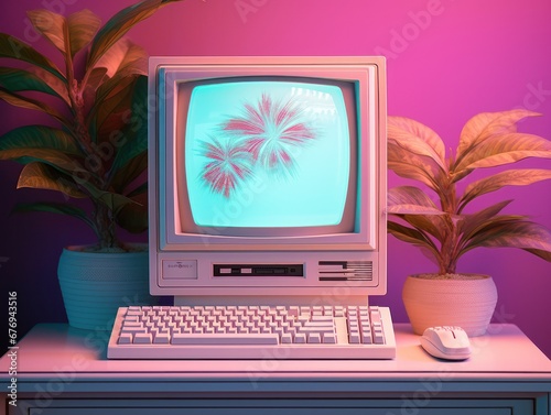 A vivid retro computer setup with a screen display of palm trees, inviting a sense of digital escapism photo