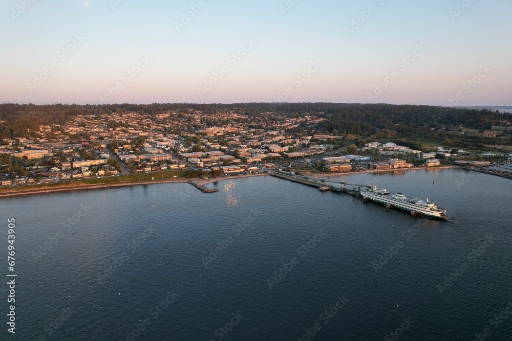 Aerial scenic view of the seascape and seaside city in Edmonds, Washington