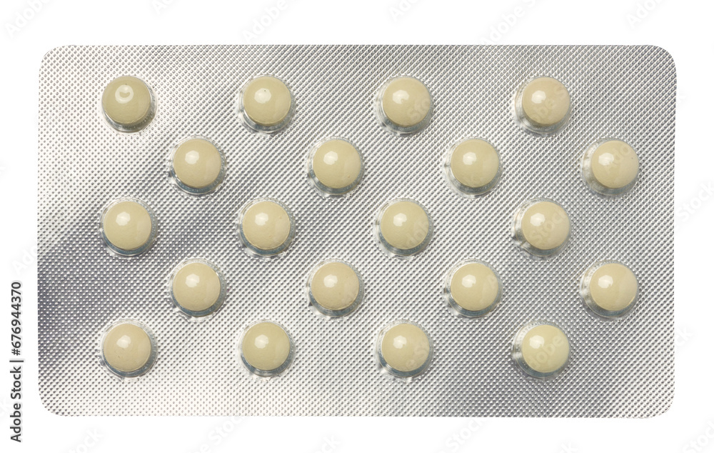 Blister pack with round pills on a white isolated background