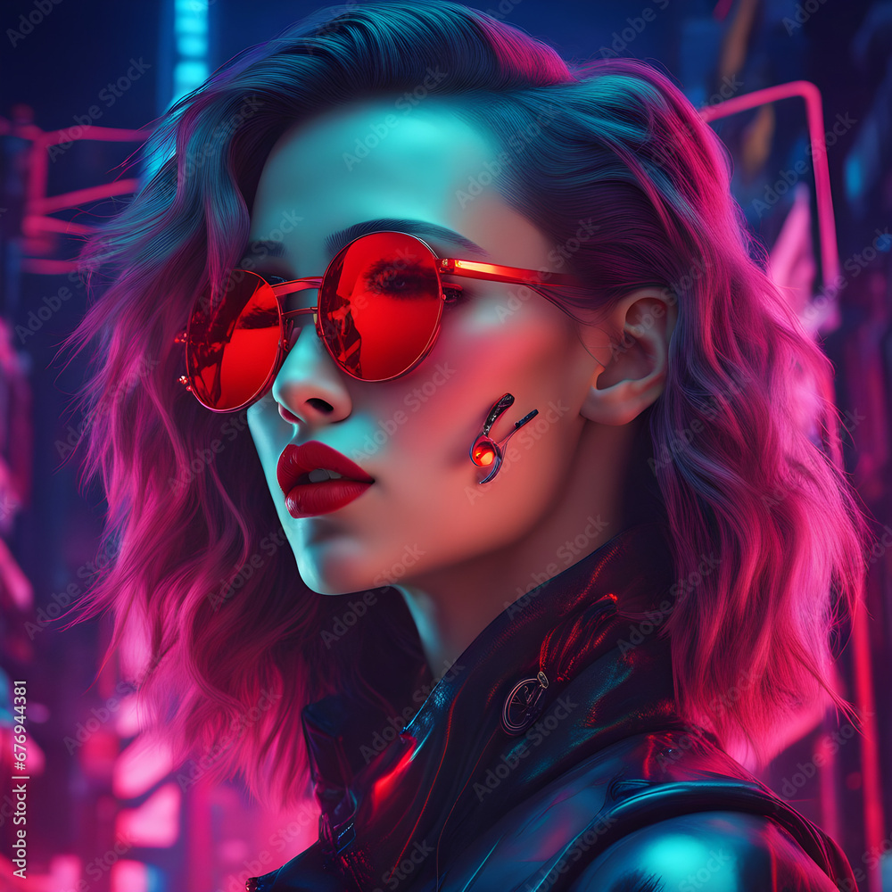 A beautiful girl's face wearing sunglasses and red lipstick in a lifelike portrait