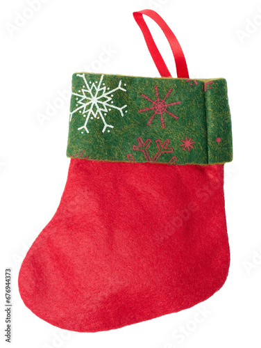 Red felt Christmas sock for gifts on a white isolated background