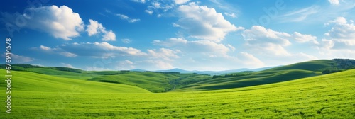 Breathtaking landscape of vast green fields  freshly cut grass  serene blue sky  fluffy white clouds
