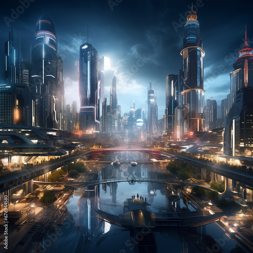 Produce an artwork at 4K resolution depicting a futuristic AI-powered cityscape, with advanced technologies integrated into the architecture and enhanced by realistic lighting.