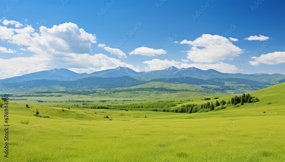 serene green fields stretching to the horizon under a blue sky with fluffy white clouds