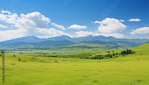 serene green fields stretching to the horizon under a blue sky with fluffy white clouds