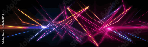 Abstract background vector of neon geometric elements. Neon light or laser show, electric impulse, power lines, techno quantum energy impulse, magic glowing dynamic lines