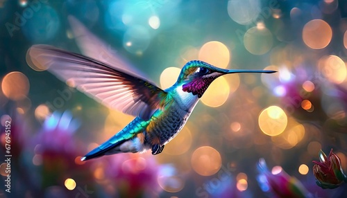 A hummingbird hovering against a colorful background © Julius